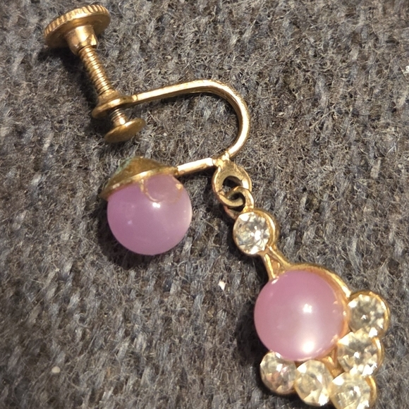 Vintage Pair Of Earrings Pink Faux Pearl & Rhinestone Dangle Screwback Spring - Picture 2 of 3